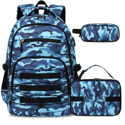 ACESAK 3PCS Camo Backpack for Boys with Lunch Box Pencil Case - color: Camo Blue
