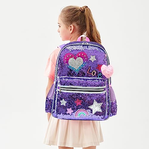 Meetbelify Girls Rolling Backpack Sequin Rolling Backpacks with Wheels for Girls for Elementary School Bag - color: A Purple Love