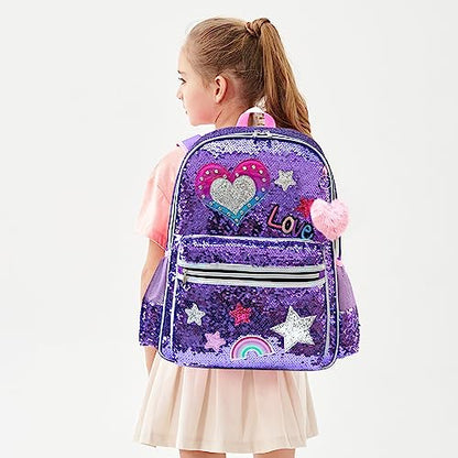 Meetbelify Girls Rolling Backpack Sequin Rolling Backpacks with Wheels for Girls for Elementary School Bag - color: A Purple Love