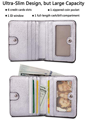 Small Leather Wallet for Women, Ladies Credit Card Holder RFID Blocking Women's Mini Bifold Pocket Purse - color: Silver Rfid Blocking