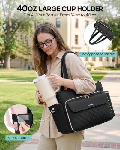 RAINSMORE Teacher Bag for Women, 15.6" Laptop Work Tote, 40oz Cup Holder - color: Black