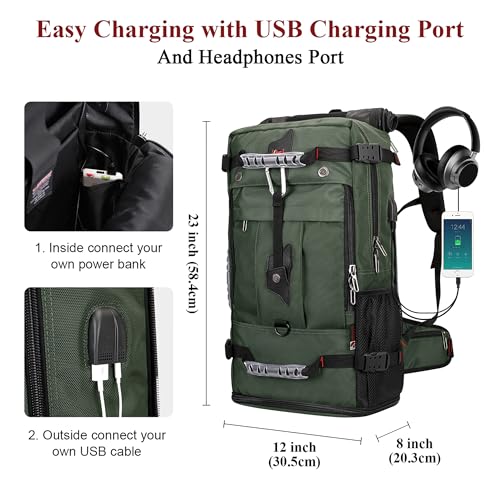 WITZMAN Travel Backpack for Men Duffle Luggage Bag with USB Charging Port - color: Army Green