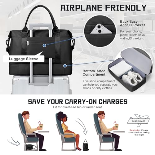 Travel Duffel Bag with Shoes Compartment,Weekender Bags for Women Travel - color: Black, size: Extra Large