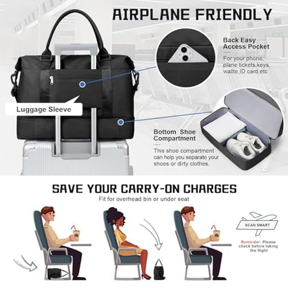 Travel Duffel Bag with Shoes Compartment,Weekender Bags for Women Travel - color: Black, size: Extra Large
