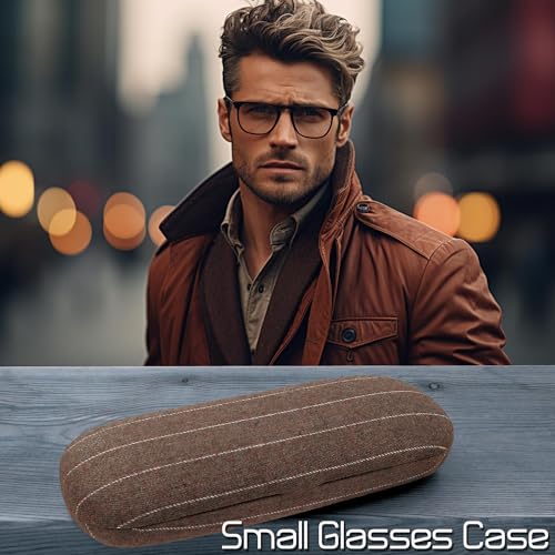 MyEyeglassCase Men Small Glasses case - Eyeglasses Hard Shell Holder Pouch & Cloth-Reading Slim & Narrow Case Heavy Duty - color: Brown Tweed