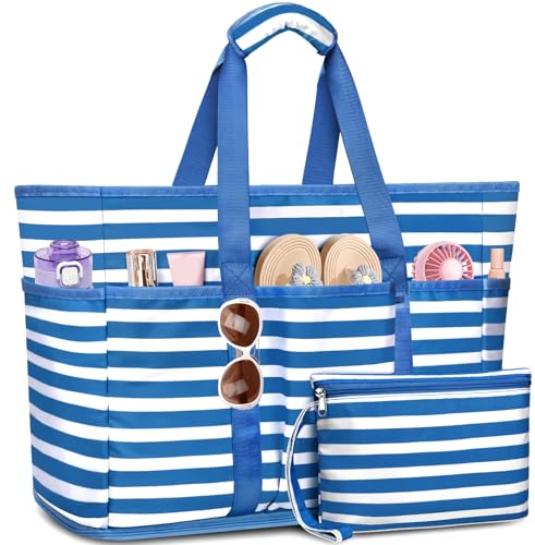 Large Beach Bag with Zipper, 12 Pockets Waterproof Sandproof Pool Bag Womens Mesh Beach Tote Bag for Travel Vacation - color: Navy Blue