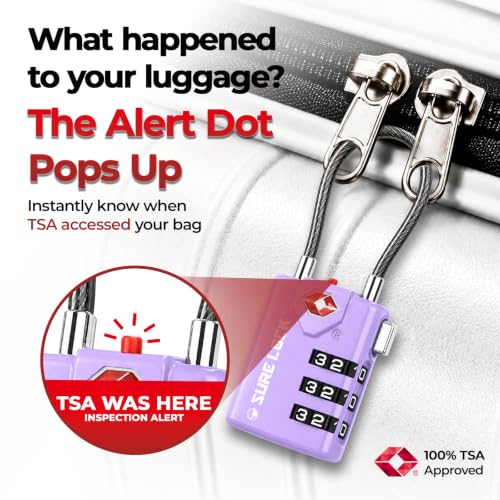 SURE LOCK TSA Approved Luggage Locks with Open Alert Indicator, 3 Digit Combination Cable Travel Lock for Suitcase, Backpack, Gym Locker, Toolbox & Travel Bag(2, Purple 2 Pack) - color: Purple