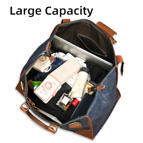 Canvas + Leather Travel Luggage Tote Duffle Gym Suitcase Weekender Overnight Bag For Men Male FB8151 (8151-The Blue) - color: The Blue