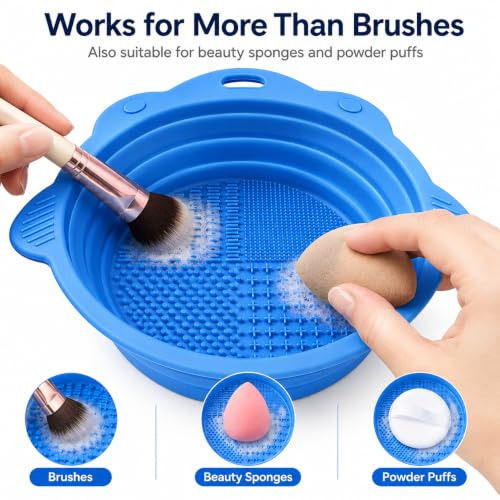 1 Pack Silicone Makeup Brush Cleaning Mat, Foldable Blue Textured Cleaner Pad with Hanging Loop, Portable Brush Wash Tool for Cosmetic Brushes