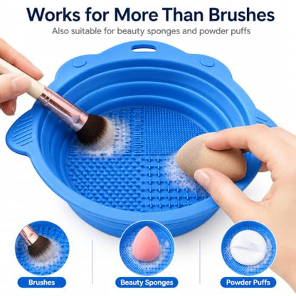 1 Pack Silicone Makeup Brush Cleaning Mat, Foldable Blue Textured Cleaner Pad with Hanging Loop, Portable Brush Wash Tool for Cosmetic Brushes