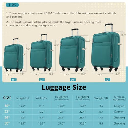 Merax Softside Luggage Set 4 Piece Expandable Travel Suitcase,Blue Green - color: Blue Green, size: 4 Piece(18/22/26/30)
