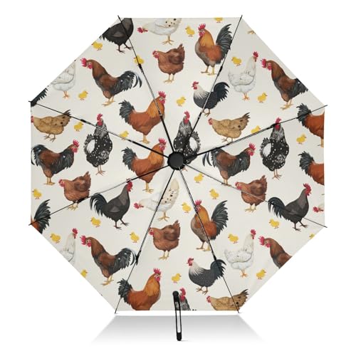 JIPONI Windproof Travel Umbrellas 01 - Large Compact Umbrella for Rain & Sun, Automatic Anti-UV Protection and Light Folding for Backpack & Car - color: Chicken