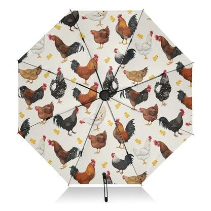 JIPONI Windproof Travel Umbrellas 01 - Large Compact Umbrella for Rain & Sun, Automatic Anti-UV Protection and Light Folding for Backpack & Car - color: Chicken