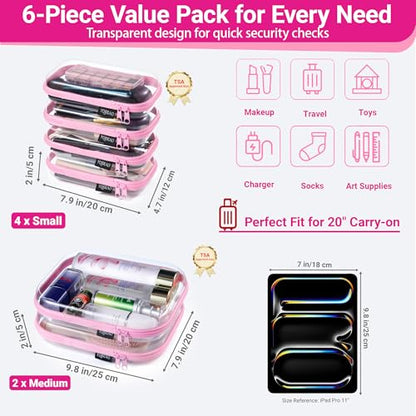 YQBRAO Clear Hard Shell Zipper Cases, 6 Travel Organizers, 2M 4S, Pink - color: Pink, size: 6 Pack (2M+4S)