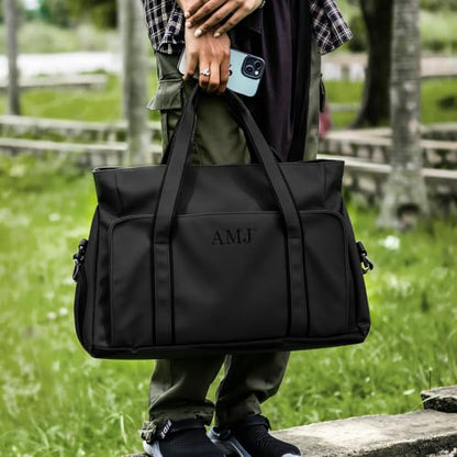 AMJ Travel Duffel Bag for Women Men, PU Leather Gym Bag with Detachable Shoulder Strap, Large Carry On Weekender Overnight Bag Tote - Black - color: Black