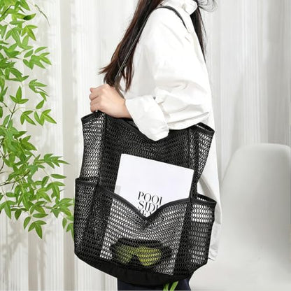 Large Beach Bags for Women, Mesh Beach Tote with Zipper, Foldable Pool Tote Bag Travel Beachbag Waterproof Sandproof - color: Black - More Pockets