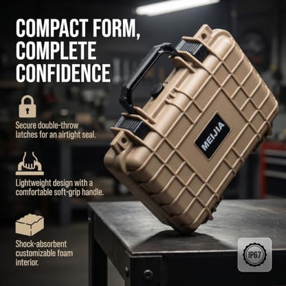MEIJIA Portable All Weather Waterproof Protective Hard Case, Small Camera Case,Dry Case with Customizable Foam,Fit Use of Drones, Camera,Equipments, 11.65 ”x8.35”x3.78” - color: Desert Tan