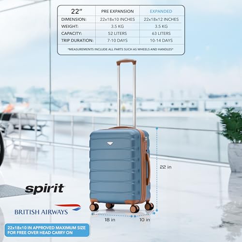 Flight Knight 22x18x10 Expandable Carry On Suitcase Hardside TSA Lock & USB C Port Lightweight Luggage Silent Double Spinner Wheels Maximum Spirit Overhead Carry-On Bag Airlines Approved Blue/Tan - color: Blue/Tan, size: 22x18x10"