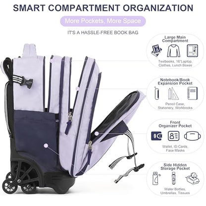 NEW TILAMI 18 Inch Expandable Rolling Backpack Stair-Climbing for School - color: Purple