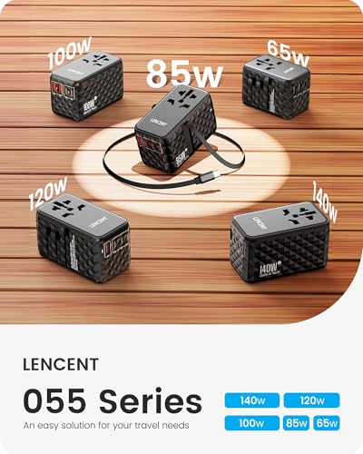LENCENT 85W Universal Travel Power Adapter with Retractable USB C Cable - color: Black, size: 85W-1A3C-with Retractable Cable