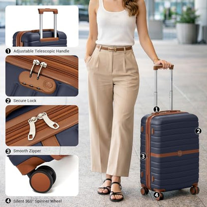 Kono Expandable 28 Inch Luggage with Spinner Wheels, Large Checked Luggage with Lock, Lightweight & Anti-Scratch PC+ABS Hardshell Travel Suitcase, Navy/Brown - color: Navy/Brown, size: Checked-large 28-inch