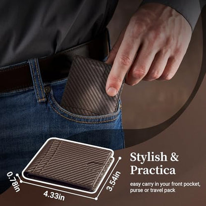 GNDR Wallet For Men RFID Blocking Coffee Leather Wallets Bifold Front Pocket Carbon Fiber Card Holder Mens Accessories With Gift Box - color: Coffee carbon fiber-02