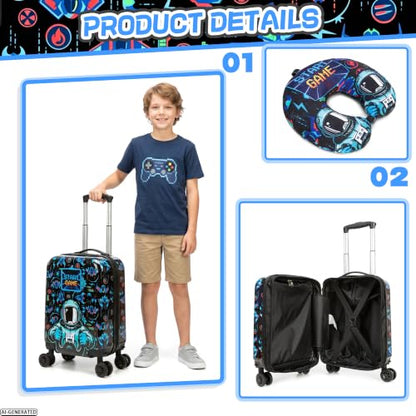 Kids Luggage with Spinner Wheels Set, 3Pcs Kids Astronaut Suitcase Set, Carry on Luggage Hardside Boysand U shaped Pillow, Toddler Rolling Suitcase for Travel, Airline Approved - color: Black E
