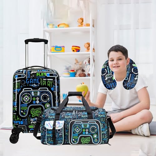 Kid’s Luggage Set 3 Piece Suitcase Set 16’’ Hardside Luggage with Spinner Wheels Girls Boys Carry on Toddler Travel Rolling Suitcase Airline Approved - color: Game