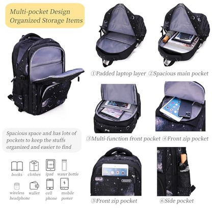 Boys Rolling Backpacks Kids'Luggage Wheeled Backpack for School Kids Trolley Bags Space-Galaxy Roller Bookbag on 2 Wheels - color: Black Blue-starry Sky, style: 2 Wheels+backpack