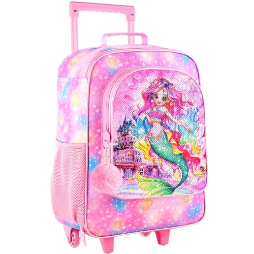 HPJGD Girls Suitcase, Kids Sequins Rolling Luggage, Cute Mermaid Travel Carry on for Elementary Preschool Toddler - color: Girls Mermaid Pink Luggage