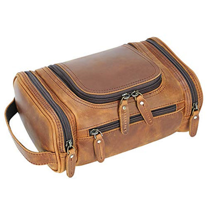 Polare Toiletry Bag Full Grain Leather Shaving Kit Dopp Kit Travel Case Wash Bag with YKK Zippers - color: B-Brown