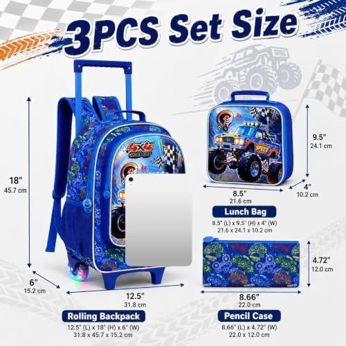 3Pcs Truck Rolling Backpack for Boys, Kids Wheel Backpack with Lunch Box, Lightweight Roller Backpack with Light-Up Wheels for Elementary Preschool Kindergarten (Blue) - color: Truck Blue