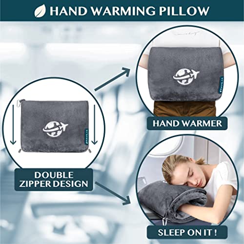 PAVILIA Compact 2-in-1 Travel Blanket Pillow for Airplane Flight, Dark Gray - color: Gray