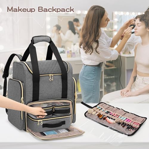 LUXJA Makeup Bag Backpack with 3 Removable Cases and 1 Makeup Brush Bag - color: Gray