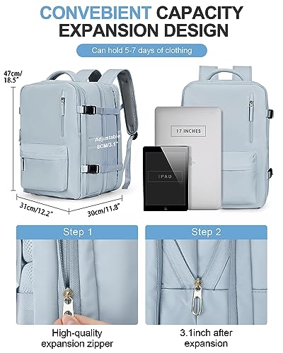 WONHOX Large Travel Laptop Backpack Expandable Flight Approved Backpack Carry on Backpack for Women Men Waterproof 17inch Laptop Daypack Hiking Work Backpack with Shoe Compartment Blue - color: A12-lightblue