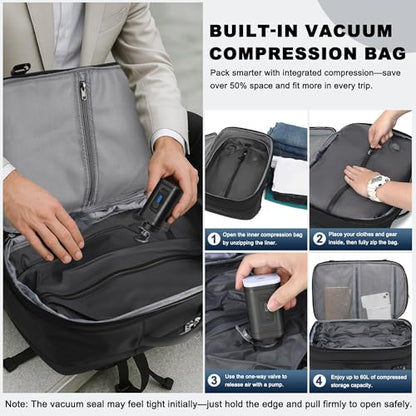 Vacuum Backpack Travel - 60L Expandable Carry-On Vacpack Backpack with Vacuum Pump, TSA Lock, Laptop Compartment, Water-Resistant Seal Compression Bag for Business & Flight Travel (Black) - color: Black