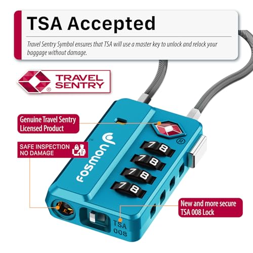 Fosmon TSA Approved Luggage Locks, 4 Digit Combination Cable Travel Lock for Suitcase & Backpack, Heavy Duty Metal Body Padlock with Open Alert Indicator (Blue, 2 Pack) - color: Blue 2 pack