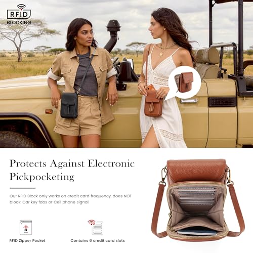 befen Genuine Leather Small Crossbody Bags for Women, RFID Phone Purse - color: Cognac Brown