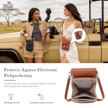 befen Genuine Leather Small Crossbody Bags for Women, RFID Phone Purse - color: Cognac Brown