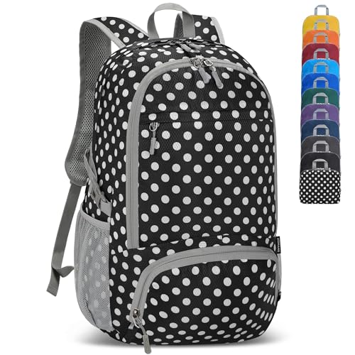 ZOMAKE Lightweight Packable Backpack 30L, Foldable Travel Hiking Daypack - color: D-black,white Polka Dots