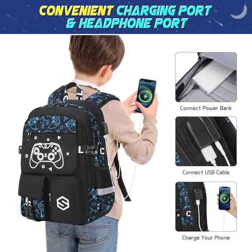 Scothen Boys Backpack, Cool Luminous Kids School Backpacks with Lunch Bag - color: Blue Pattern