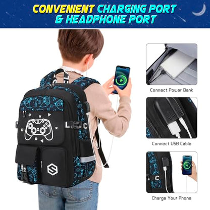 Scothen Boys Backpack, Cool Luminous Kids School Backpacks with Lunch Bag - color: Blue Pattern
