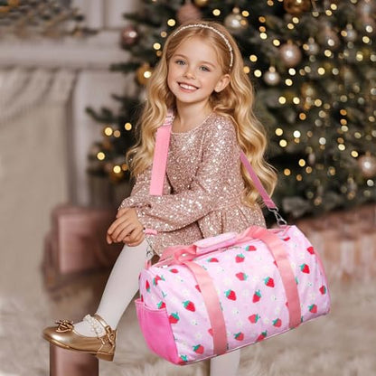 Gym Travel Duffle Bag for Girls - Gymnastics Sports Dance Bag with Shoe Compartment & Wet Pocket Panda Kids Travel Bag Teens Weekender Sleepover Carry On Bag - color: Pink Strawberry