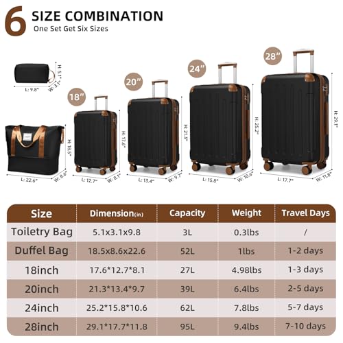 LARVENDER Luggage Sets 6 Piece, Expandable Suitcases Set with Wheel, Black - color: Black Brown, size: 6 piece set