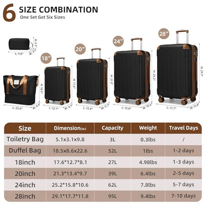 LARVENDER Luggage Sets 6 Piece, Expandable Suitcases Set with Wheel, Black - color: Black Brown, size: 6 piece set