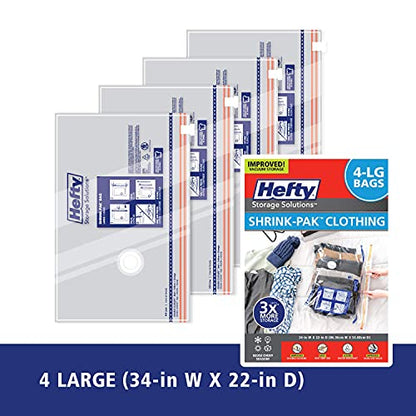 Hefty Shrink-Pak - 4 Large Vacuum Storage Bags for Clothes, Pillows, Towels, or Blankets - Space Saver Vacuum Sealer Bags Ideal Under Bed Storage Solutions - size: Solo, style: 4 Large / Clothing