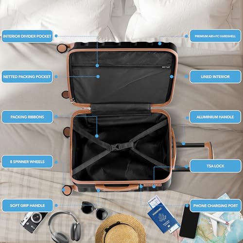 Flight Knight 24x16x10 Expandable Carry On Suitcase Hardside TSA Lock USB C Lightweight Luggage Silent Double Spinner Wheels Maximum Overhead Carry-On Bag For Virgin South West Approved Black/Tan - color: Black/Tan, size: 24x16x10"