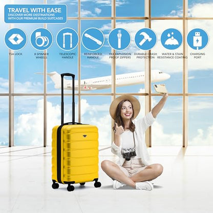 Flight Knight 24x16x10 Expandable Carry On Suitcase Hardside TSA Lock USB C Lightweight Luggage Silent Double Spinner Wheels Maximum Overhead Carry-On Bag For Virgin South West Approved Yellow - color: Yellow, size: 24x16x10"