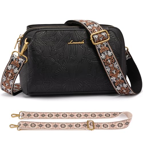 LOVEVOOK Leather Crossbody Bags for Women, Small Travel Purses with 2Pcs Adjustable Strap, RFID Anti Theft - color: Embossed-black Dark, size: 11.5''-Small-2Pcs
