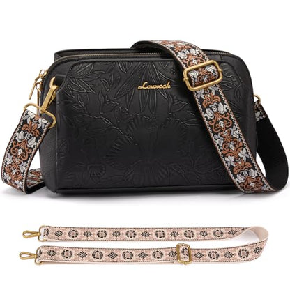 LOVEVOOK Leather Crossbody Bags for Women, Small Travel Purses with 2Pcs Adjustable Strap, RFID Anti Theft - color: Embossed-black Dark, size: 11.5''-Small-2Pcs